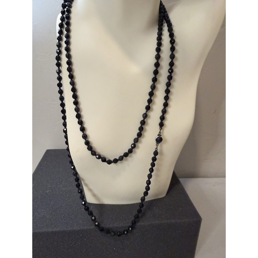 Art Deco Long 54"‎ Black Glass Bead Necklace Vintage Signed Austria Crystal Jet